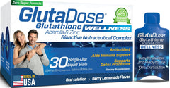 GlutaDose liquid glutathione bottle with lemon berry flavor for daily immune support.