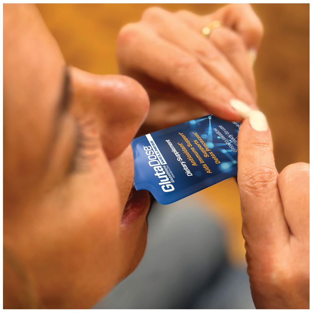 GlutaDose zero-sugar-formulation bottle provides a sugar-free wellness option.