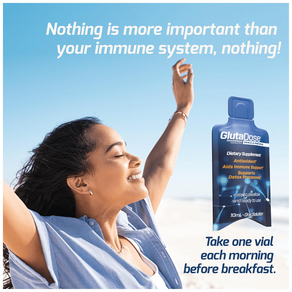GlutaDose zero sugar formulation label emphasizes clean, guilt-free nutrition.