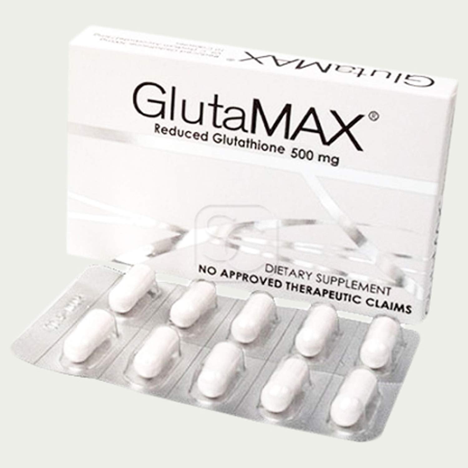 GlutaMAX bottle pour showing skin revitalization capsules for radiant, even-toned skin.