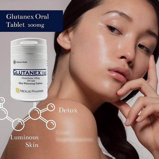 Glutanex Tab Glutathione label close-up emphasizing product purity and reliability.