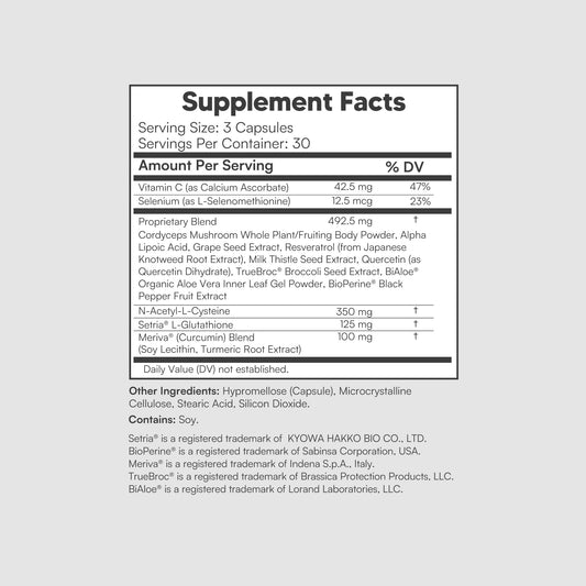 Glutathione Amino Complex bottle back showing ingredients and usage details.