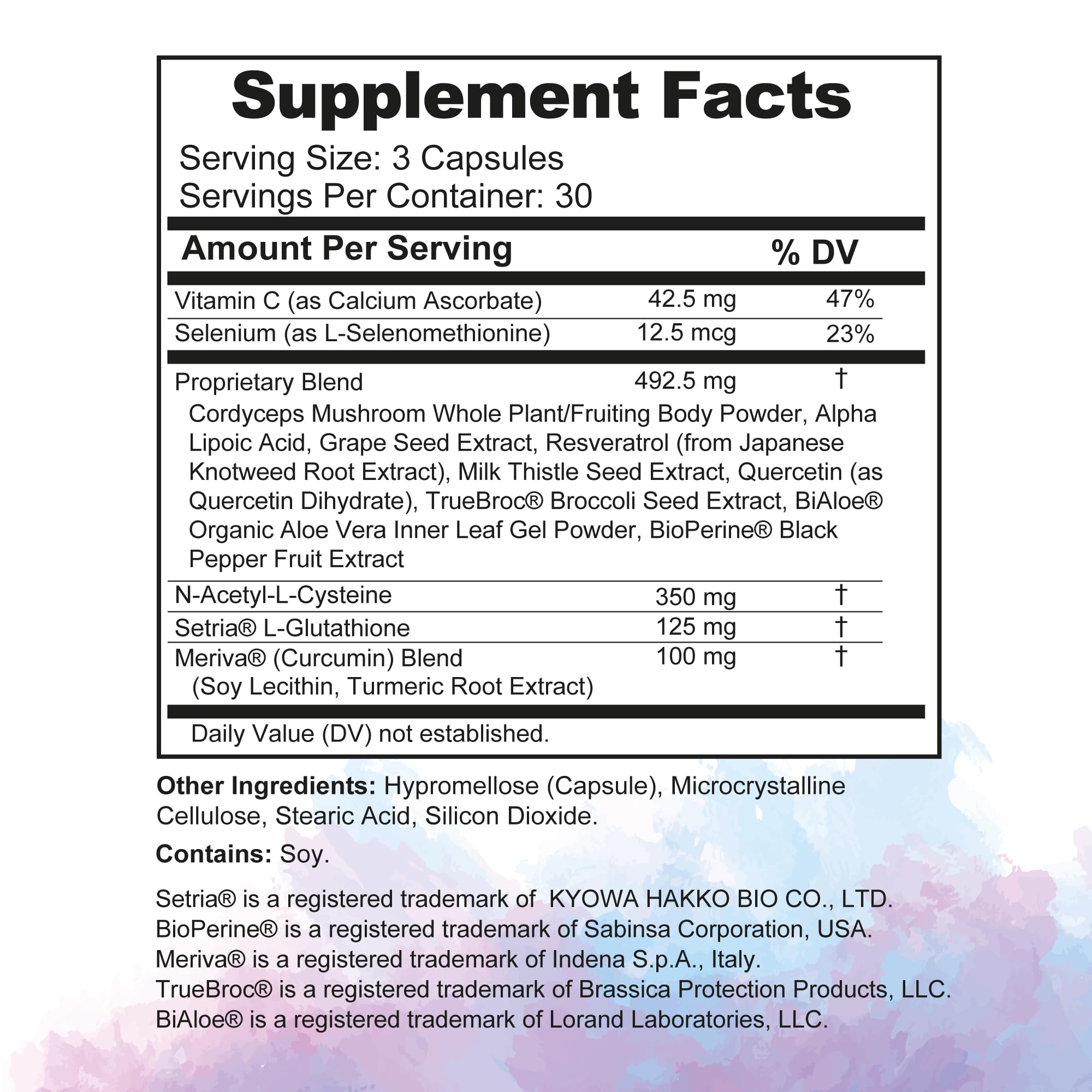 Glutathione Amino Complex ingredient panel highlighting Setria, NAC, and BioPerine for absorption.