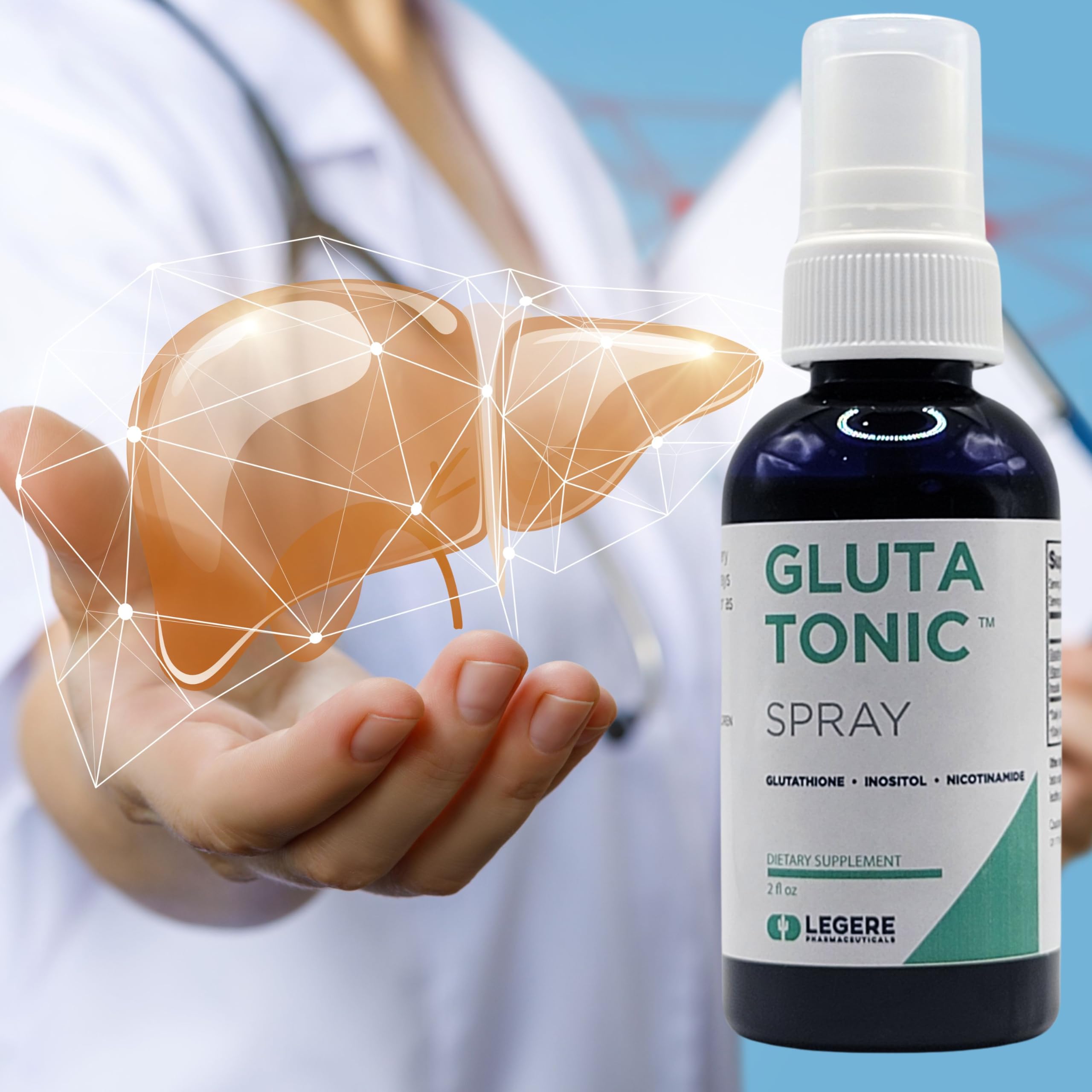 GlutaTonic Legere bottle with spray nozzle for easy daily dosing.