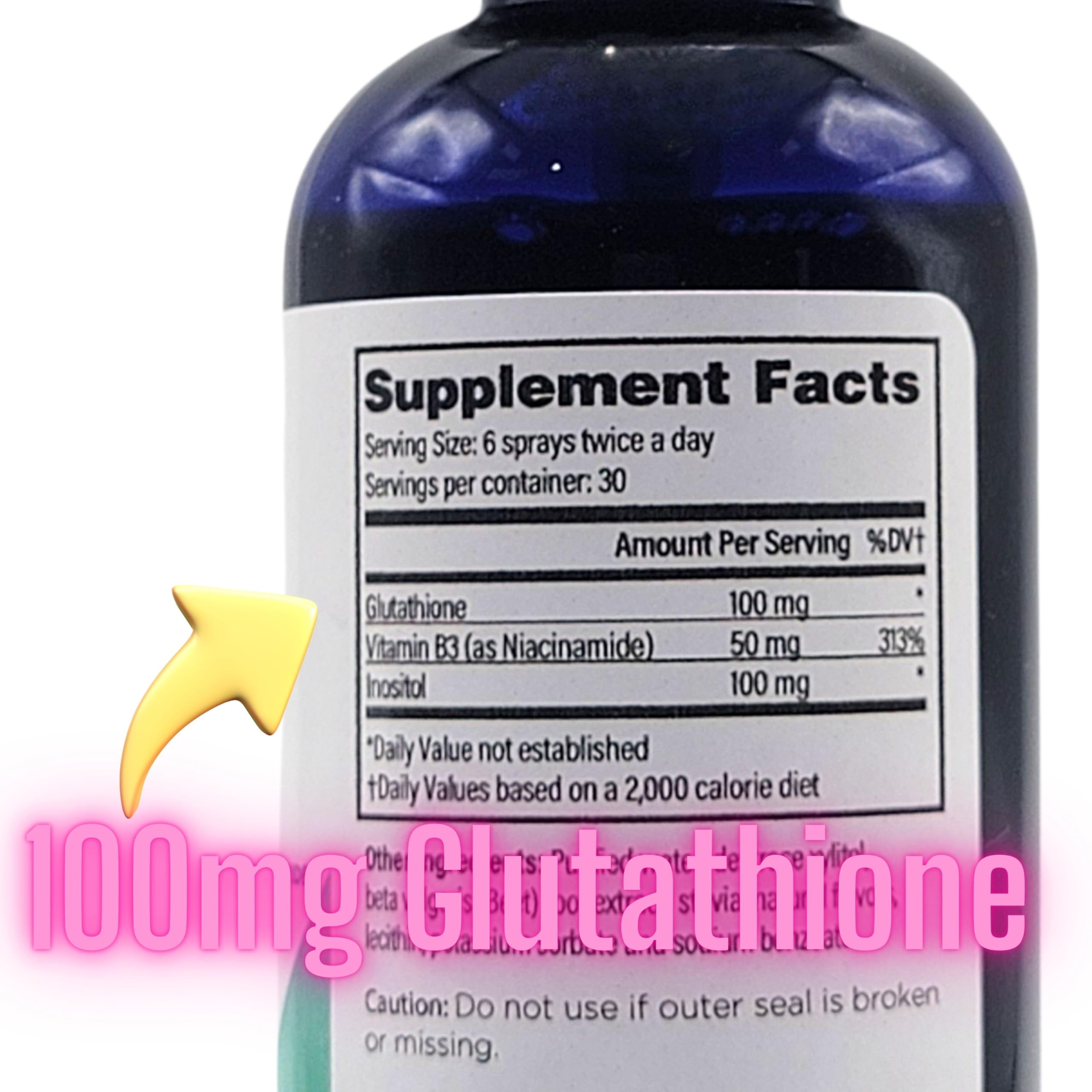 GlutaTonic Legere ingredients label highlighting glutathione, niacinamide, and inositol.