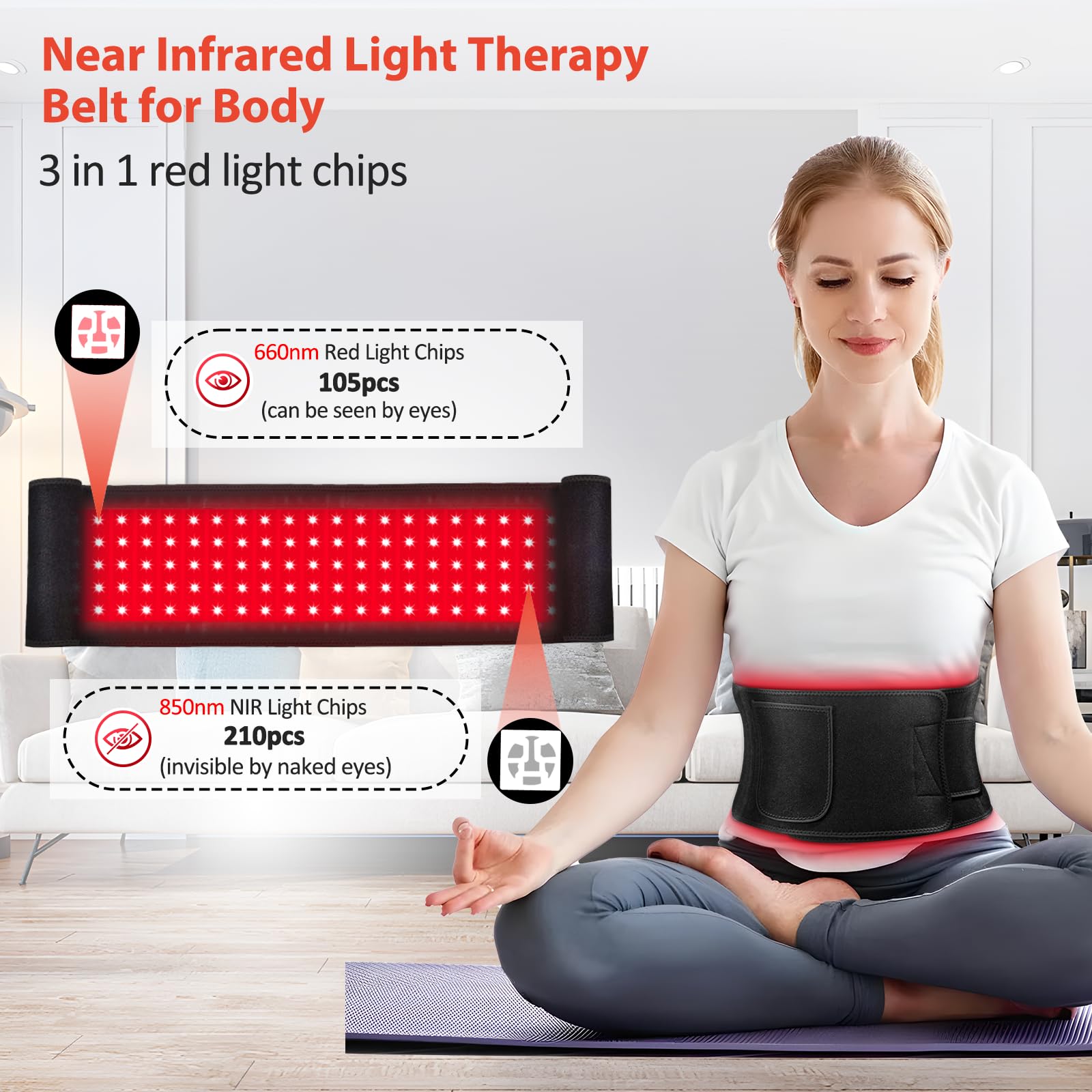 GMOWNW red light therapy belt back view showing wide wrap for coverage