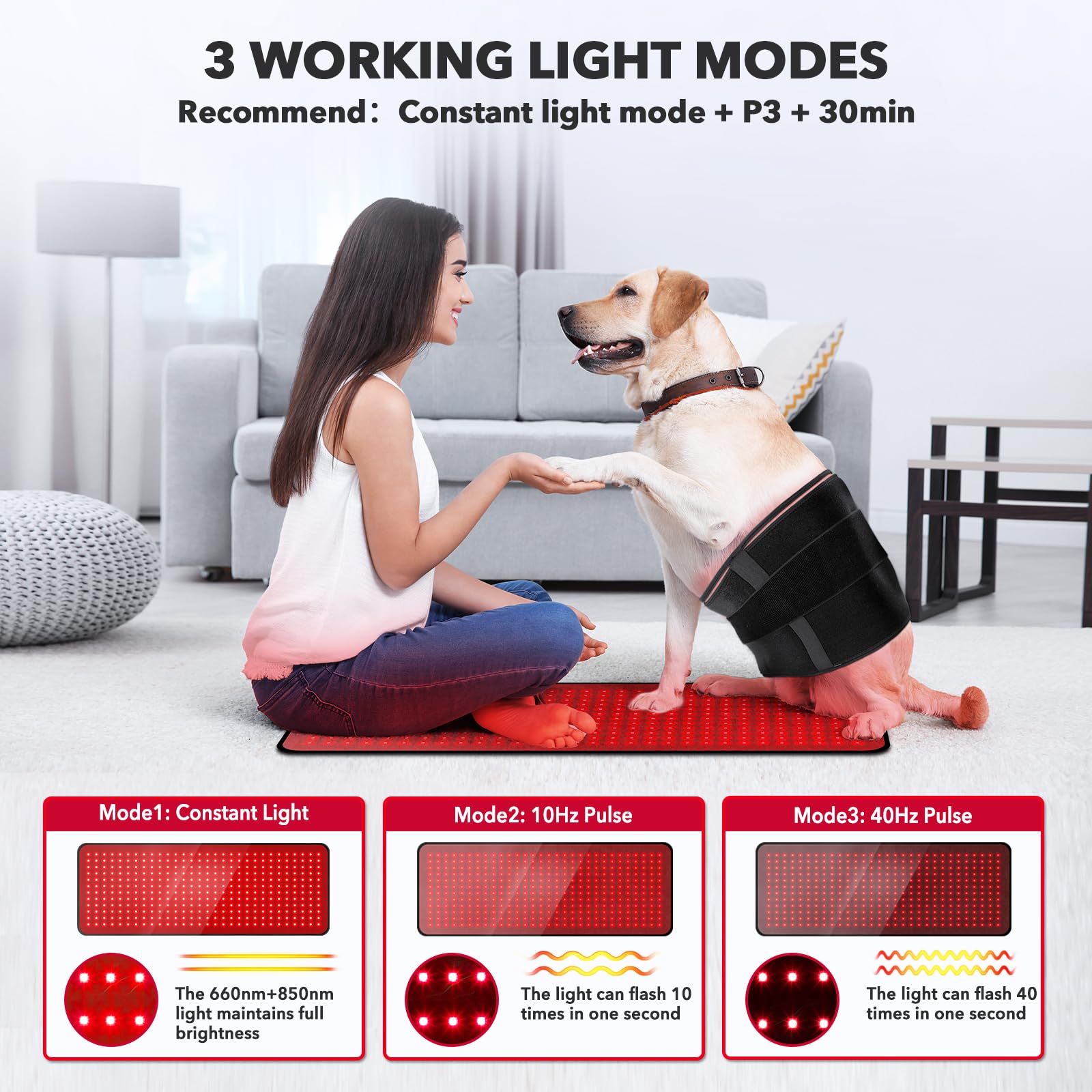GMOWNW red light therapy pad showing brightness modes and settings for customization
