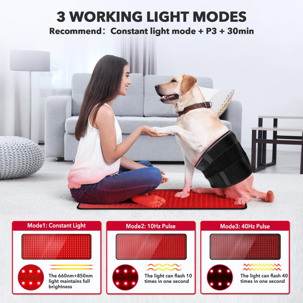 GMOWNW red light therapy pad showing brightness modes and settings for customization