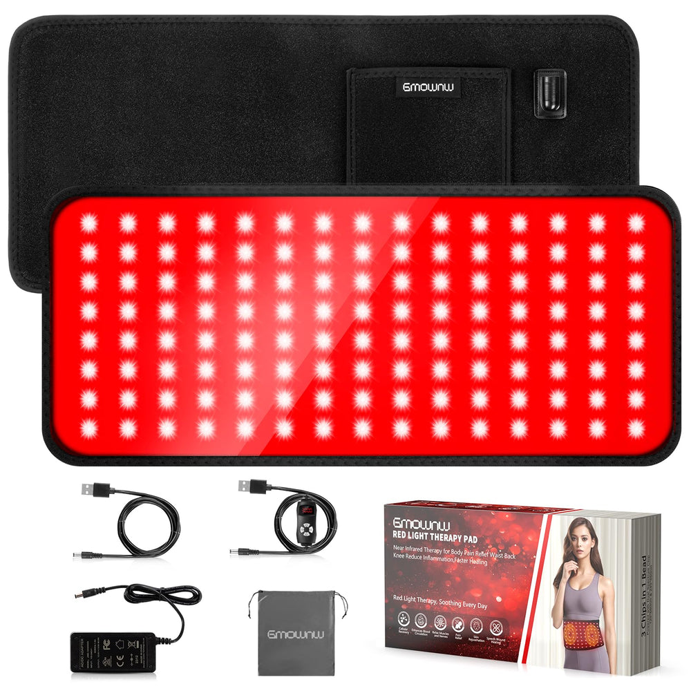 GMOWNW red light therapy pad in front view showing 120 LEDs for targeted treatment.