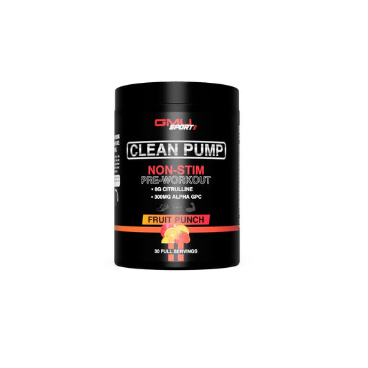 GMU SPORT Clean Pump bottle front, non-stimulant pre-workout for steady energy