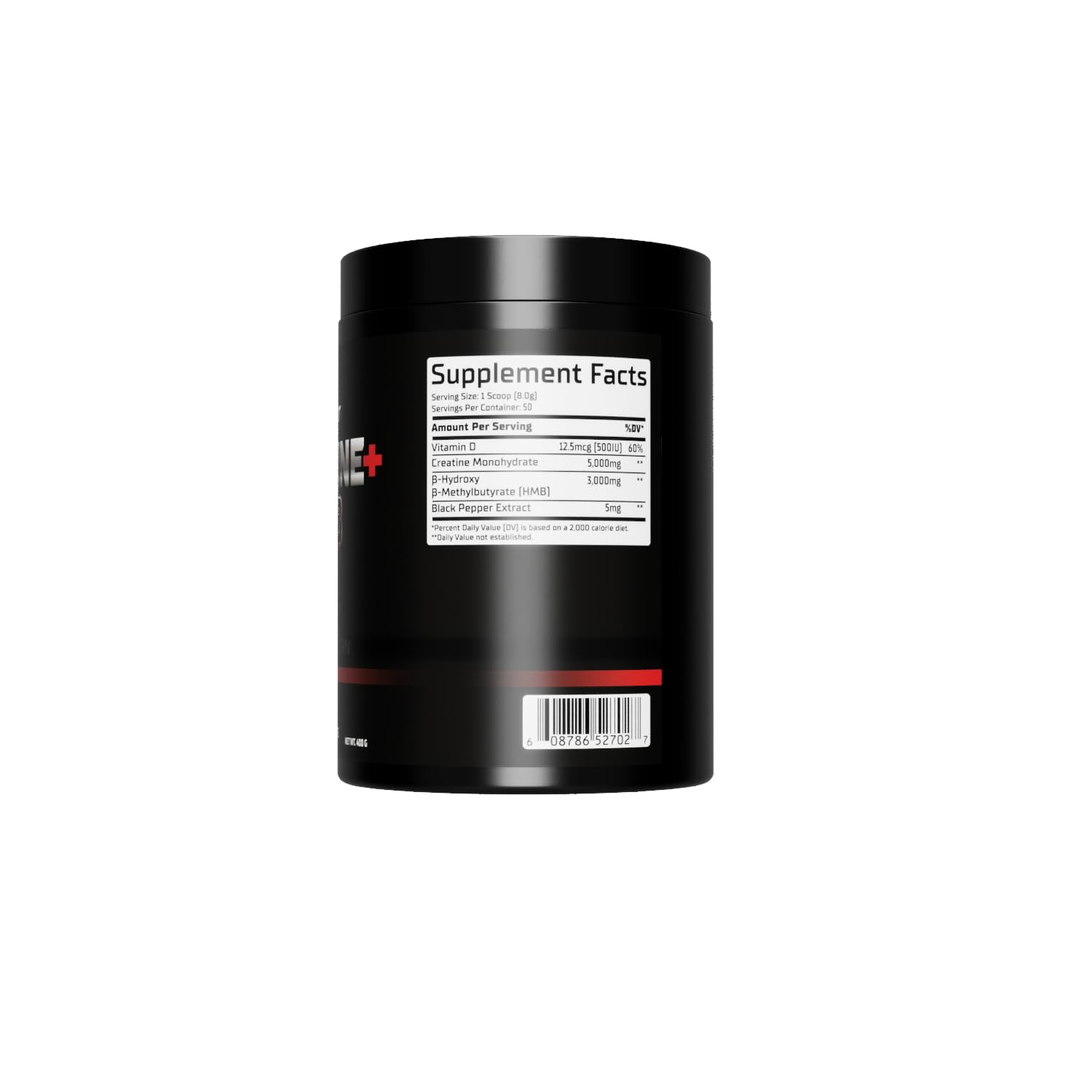 GMU SPORT Creatine 2.0 label closeup showing 5g creatine and 3g HMB per serving for performance.