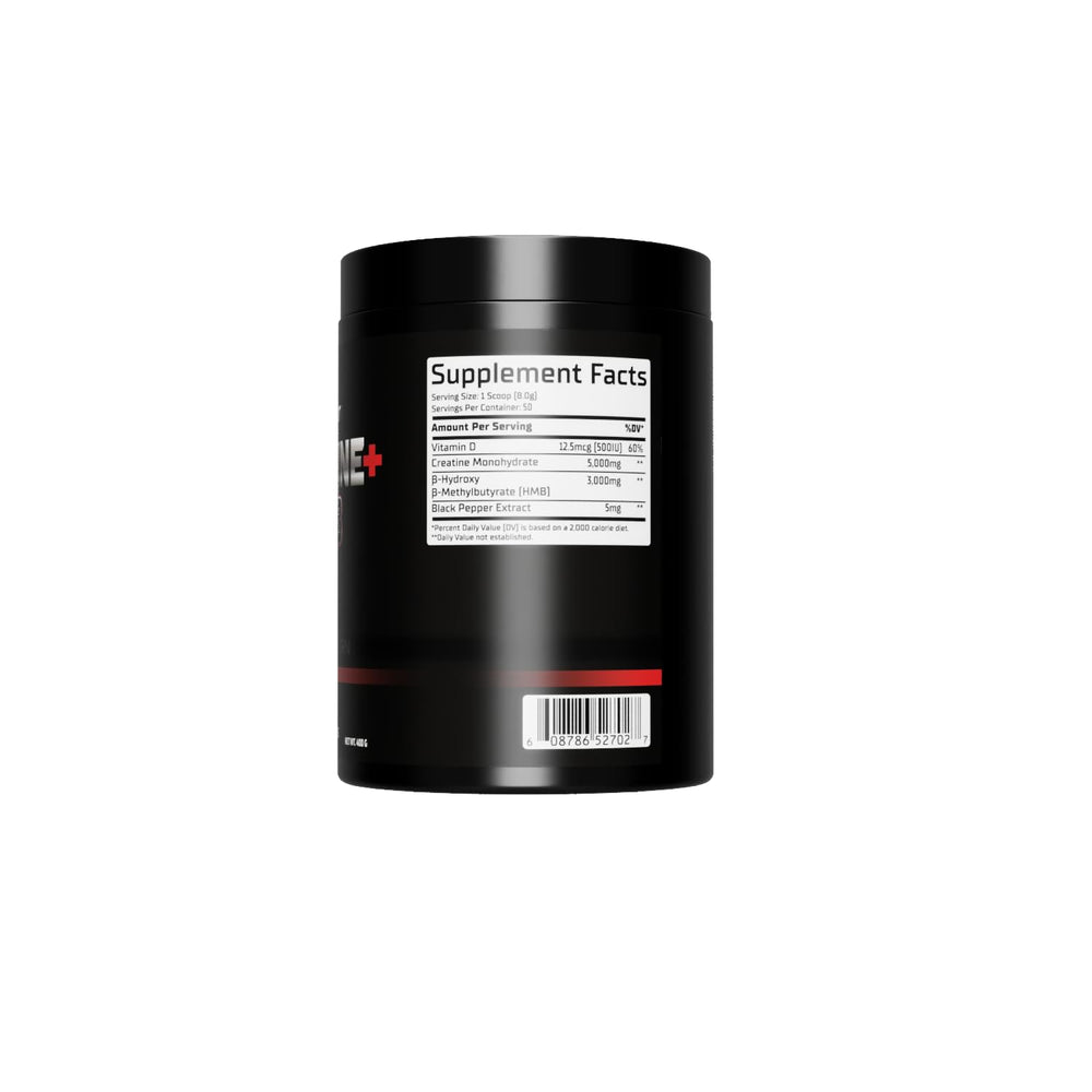 GMU SPORT Creatine 2.0 label closeup showing 5g creatine and 3g HMB per serving for performance.