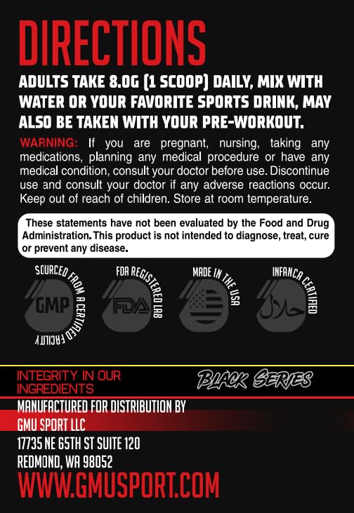 GMU SPORT Creatine 2.0 packaging box, GMP-certified and NSF-tested quality.