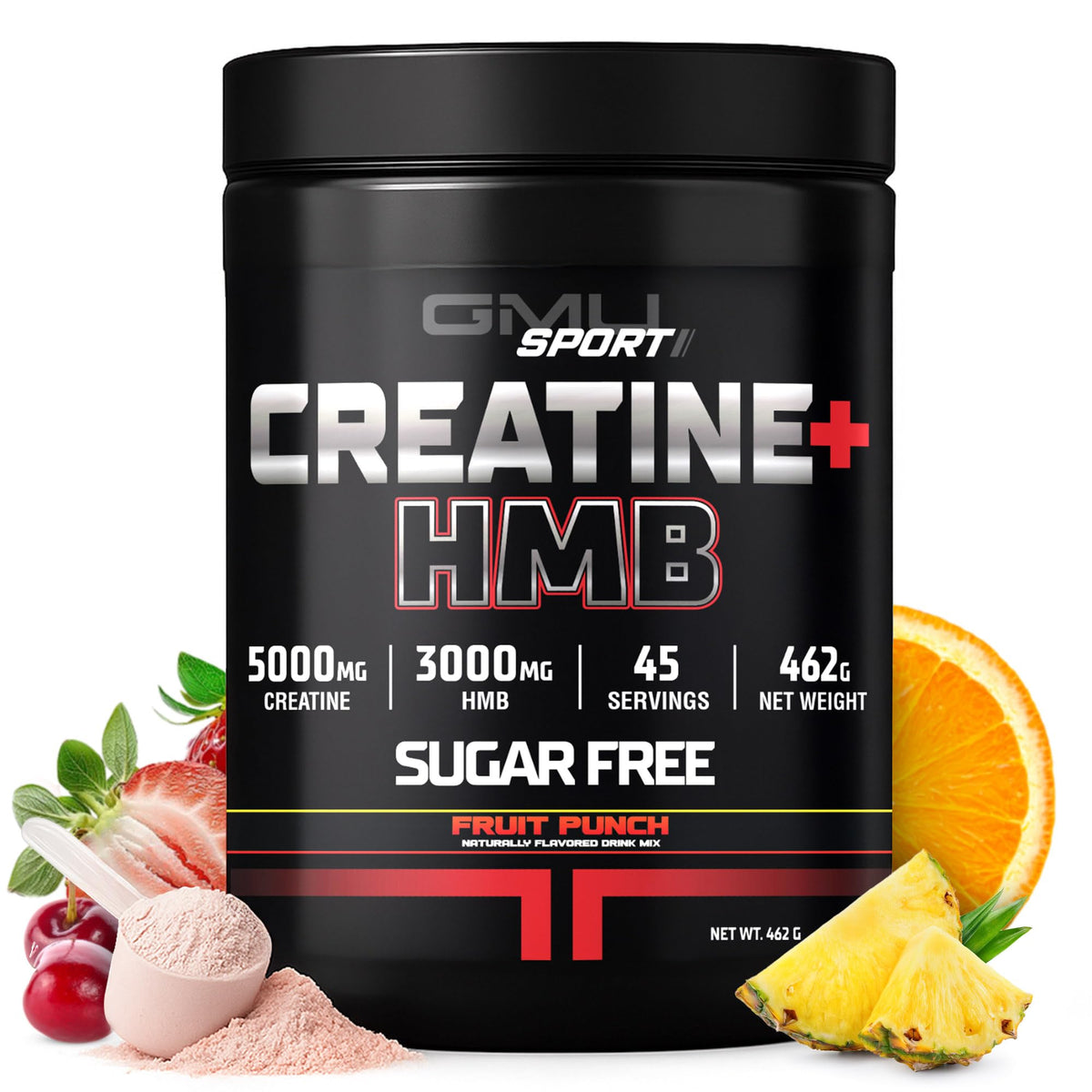 GMU SPORT Creatine HMB powder bottle showing high-potency formulation for workouts