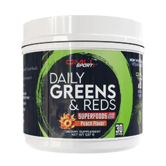 GMU SPORT Daily Greens powder tub highlighting 42 superfoods for daily nutrition
