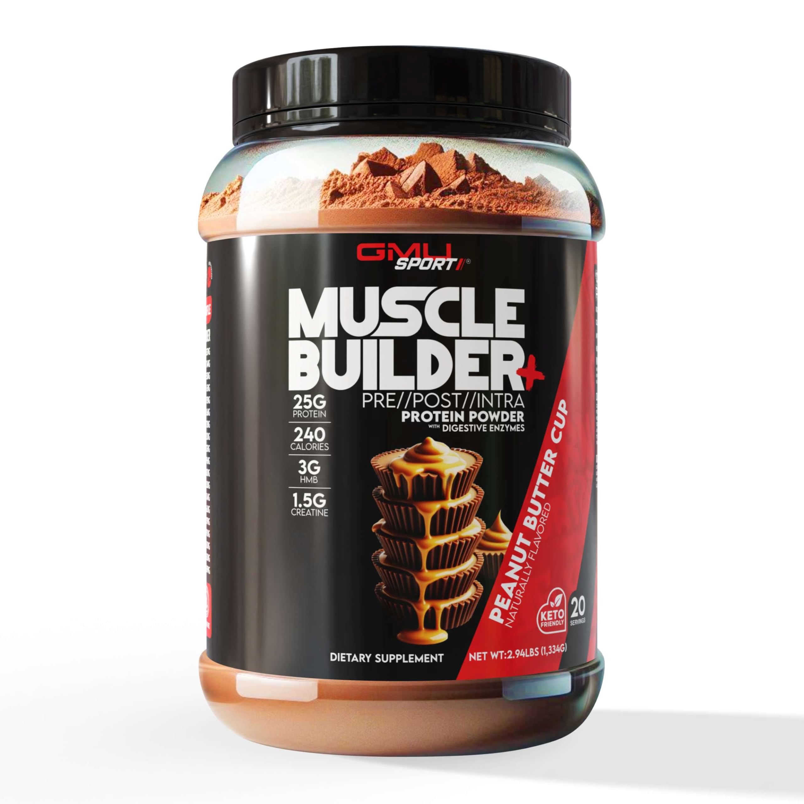GMU SPORT Muscle Builder+ bottle front showing high-protein powder for workouts