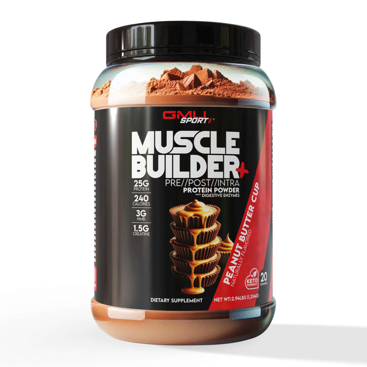 GMU SPORT Muscle Builder+ bottle front showing high-protein powder for workouts