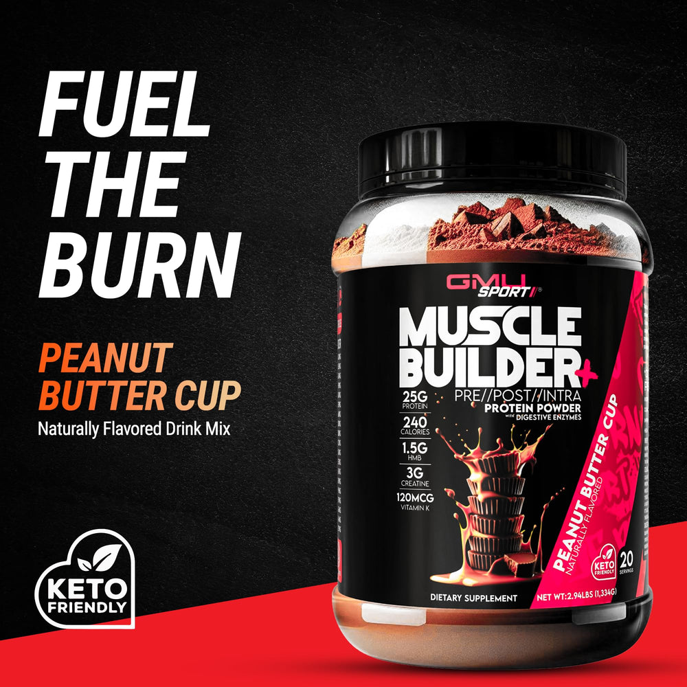 GMU SPORT Muscle Builder+ scoop close-up showing protein, creatine, and HMB blend