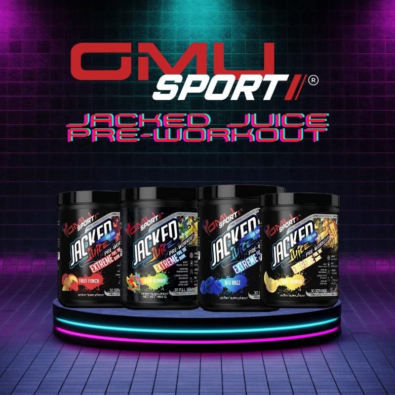 GMU SPORT Jacked Juice bottle side view indicating portable pre-workout for training
