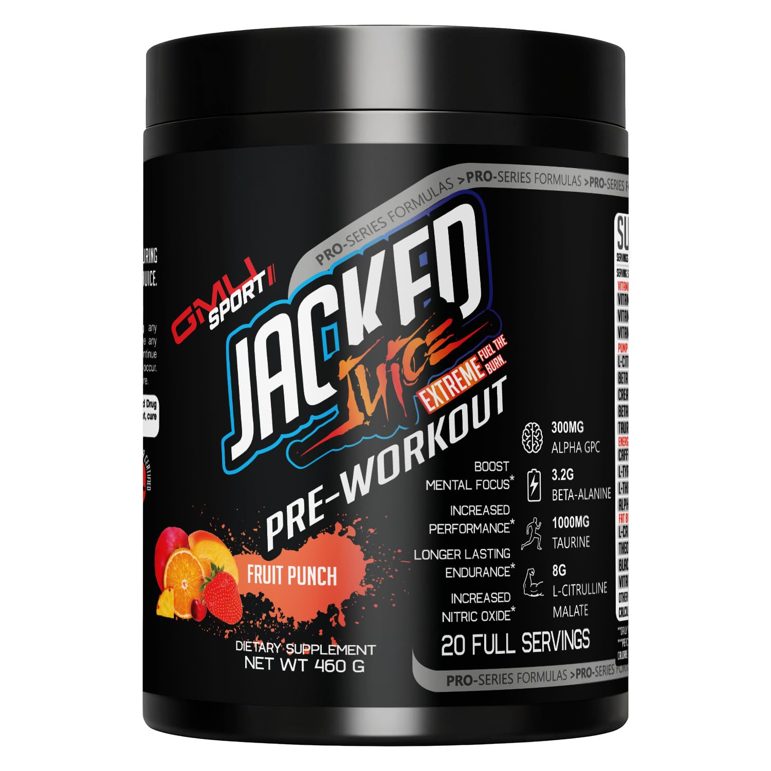 GMU SPORT Jacked Juice bottle side view for pre workout energy boost