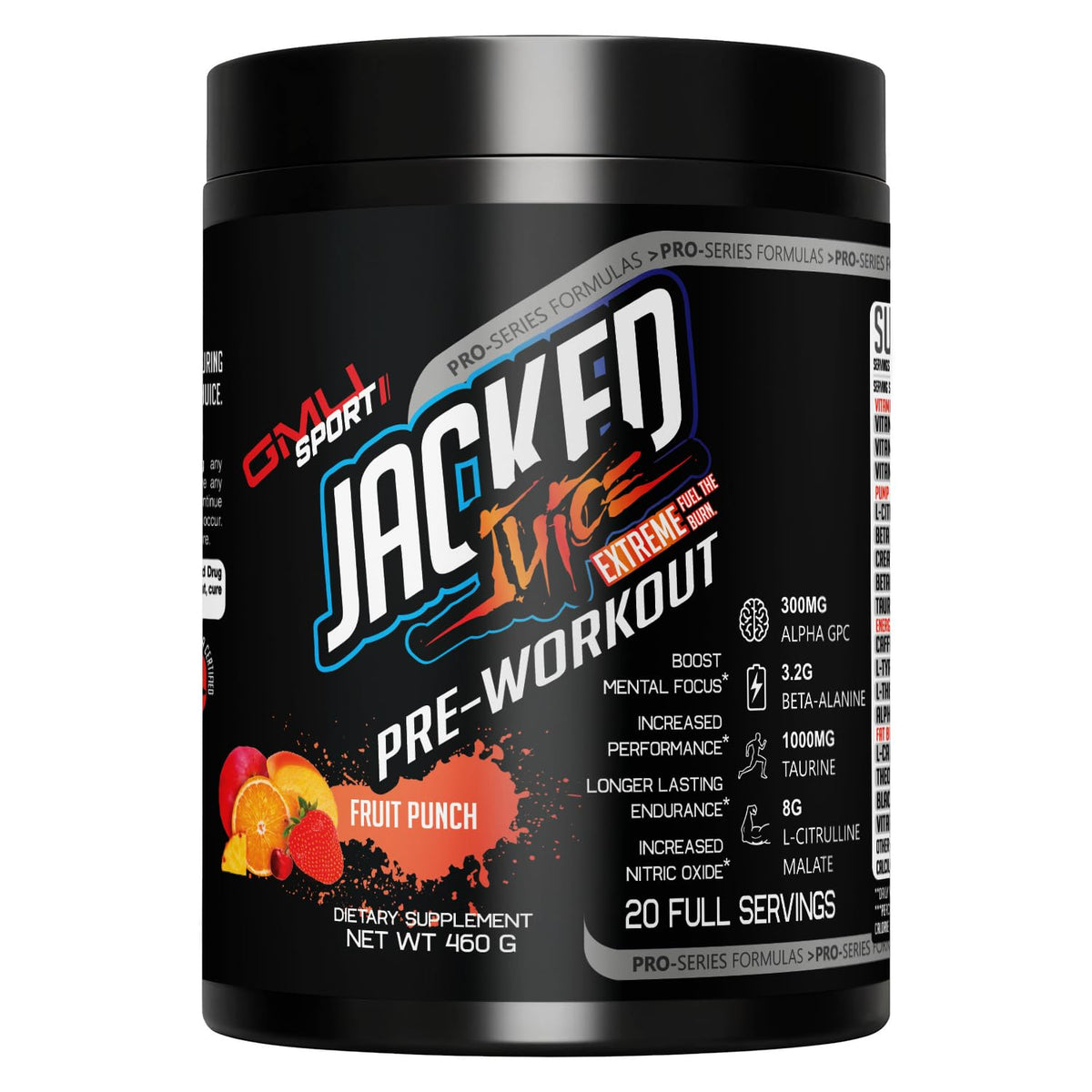 GMU SPORT Jacked Juice bottle side view for pre workout energy boost