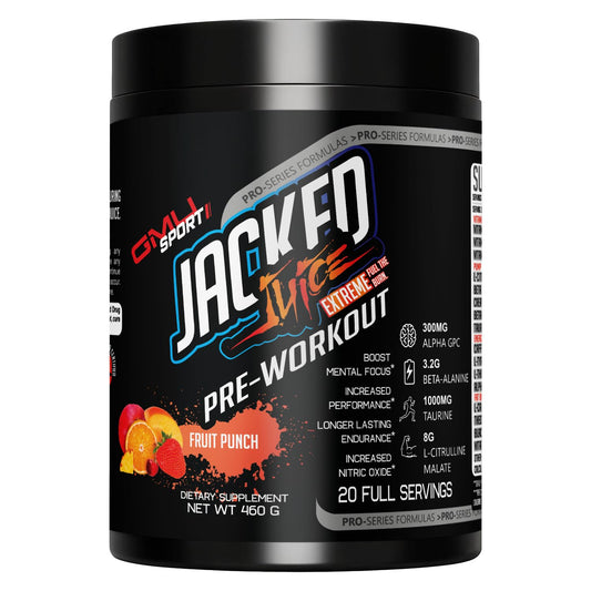 GMU SPORT Jacked Juice bottle side view for pre workout energy boost