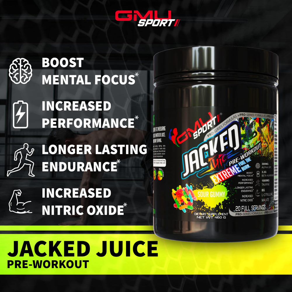 GMU SPORT Jacked Juice ingredients chart highlights citrulline malate and creatine per two scoops