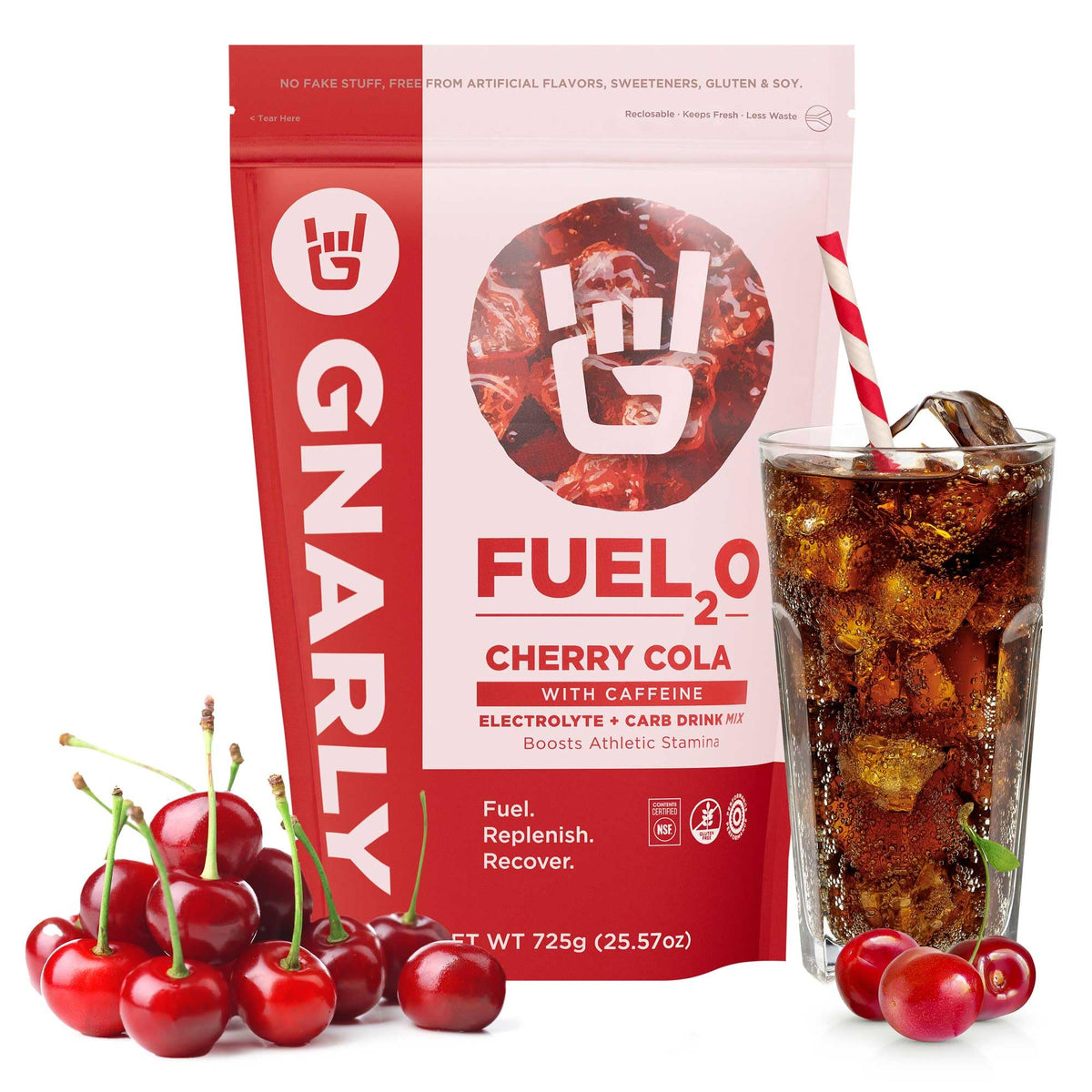 Gnarly Fuel2O Cherry Cola powder tub with NSF Sport certification for trusted endurance hydration