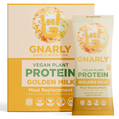 Gnarly Nutrition Golden Milk Powder tub showing a creamy, dairy-free protein option for smoothies