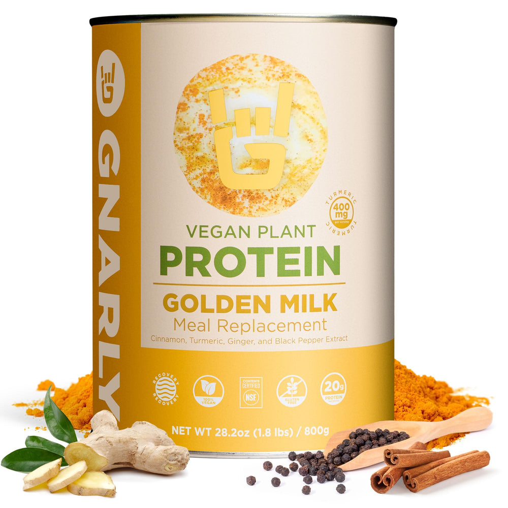 Gnarly Nutrition Golden Milk Protein Powder bag shows 20g protein per serving for shakes
