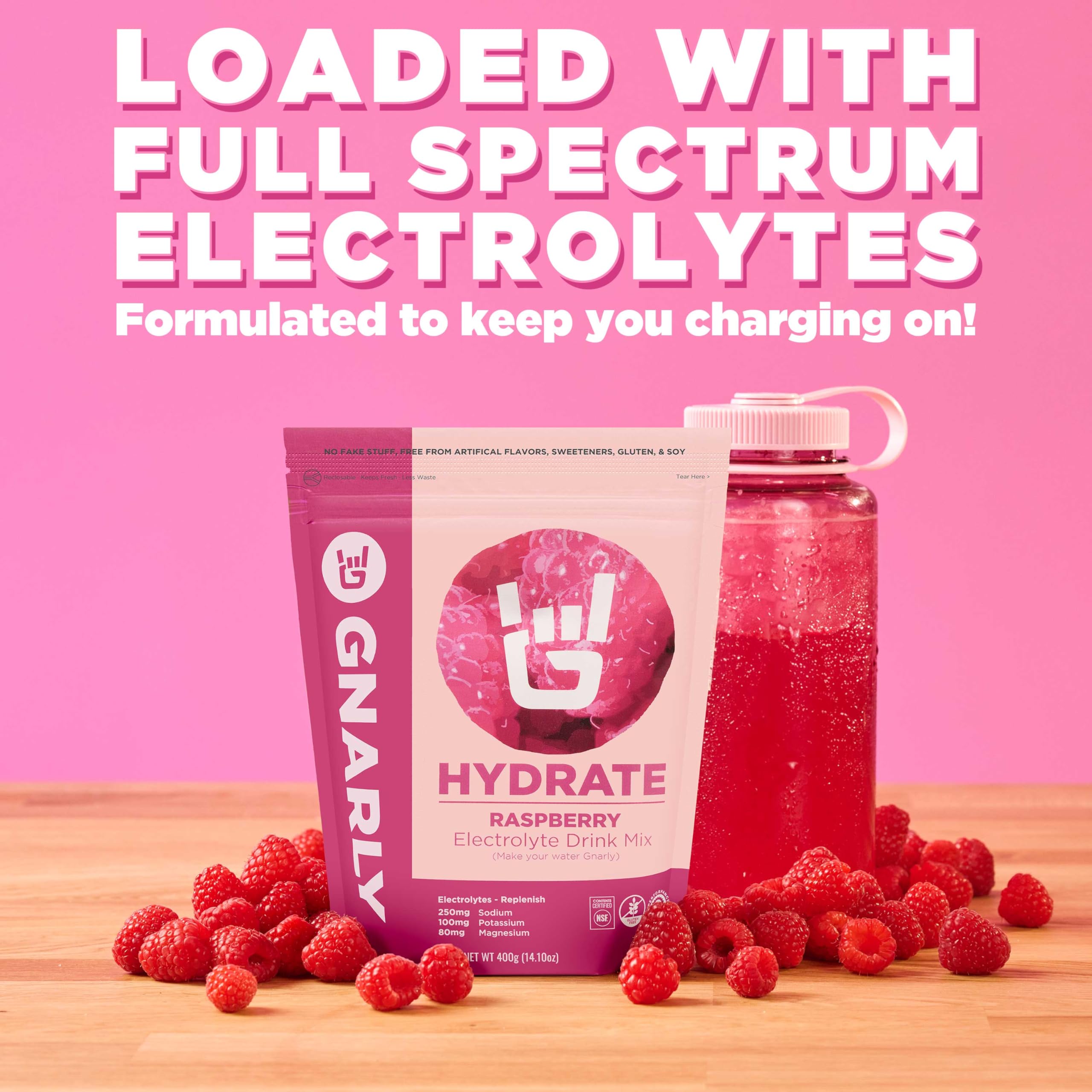 Gnarly Hydrate Raspberry drink in glass, refreshing electrolyte replenishment.