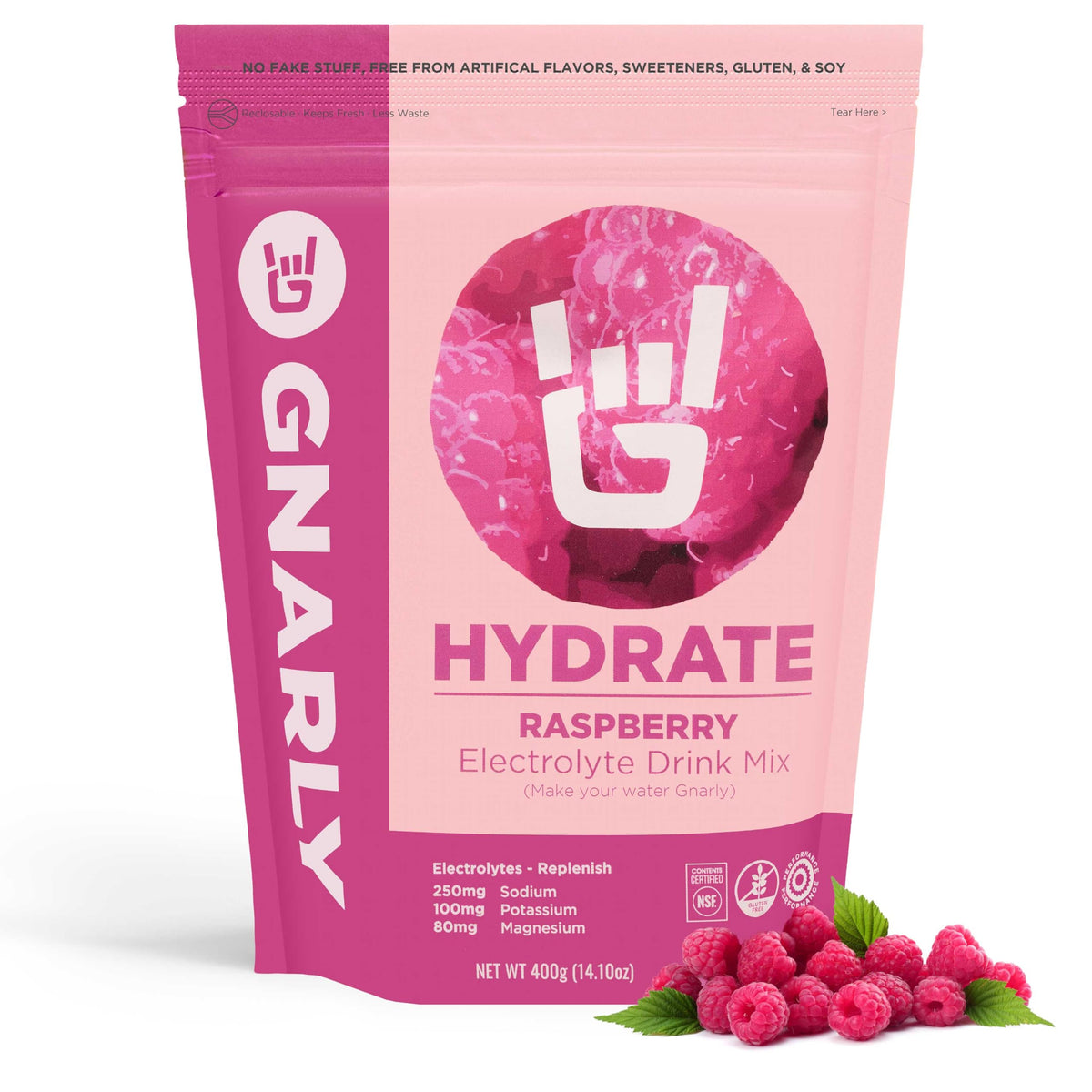 Gnarly Hydrate Raspberry powder tub with full electrolyte blend for hydration.