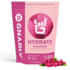 Gnarly Hydrate Raspberry powder tub with full electrolyte blend for hydration.