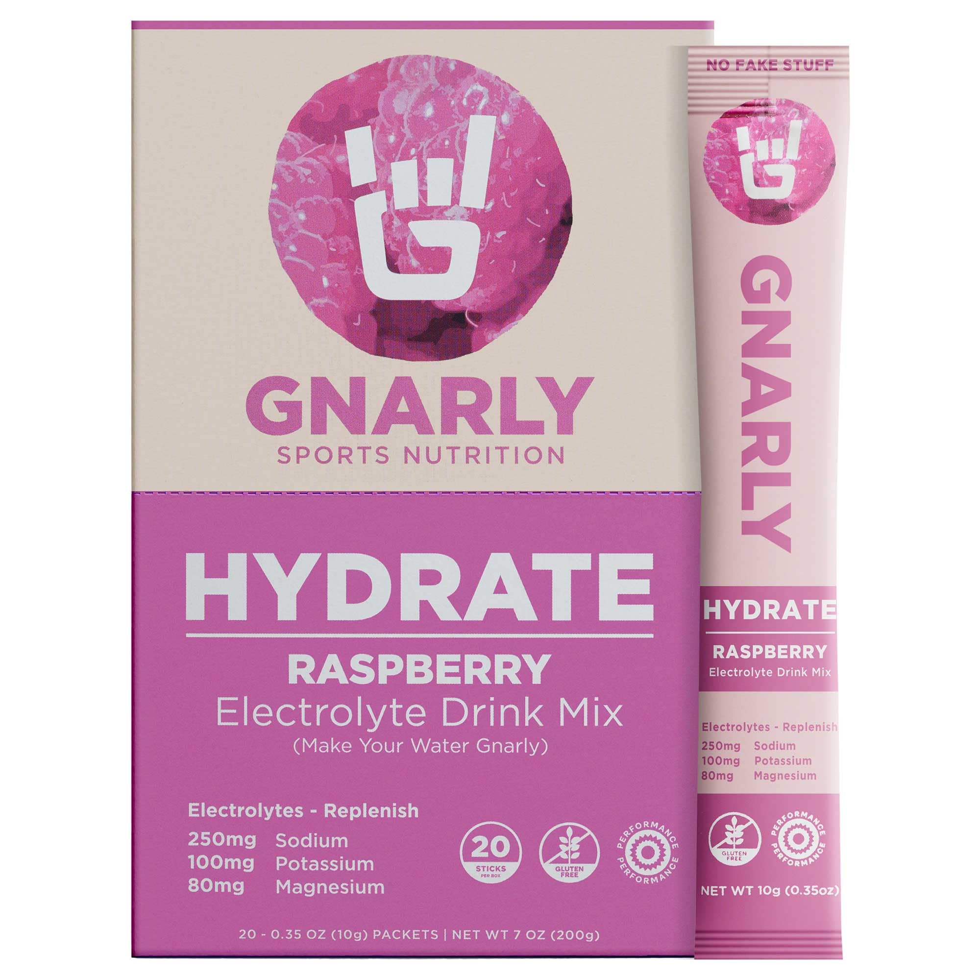 Gnarly Hydrate Raspberry stick-pack back with ingredients and usage guidance.