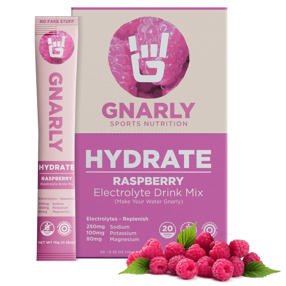 Gnarly Hydrate Raspberry stick-pack front view for quick workout hydration.