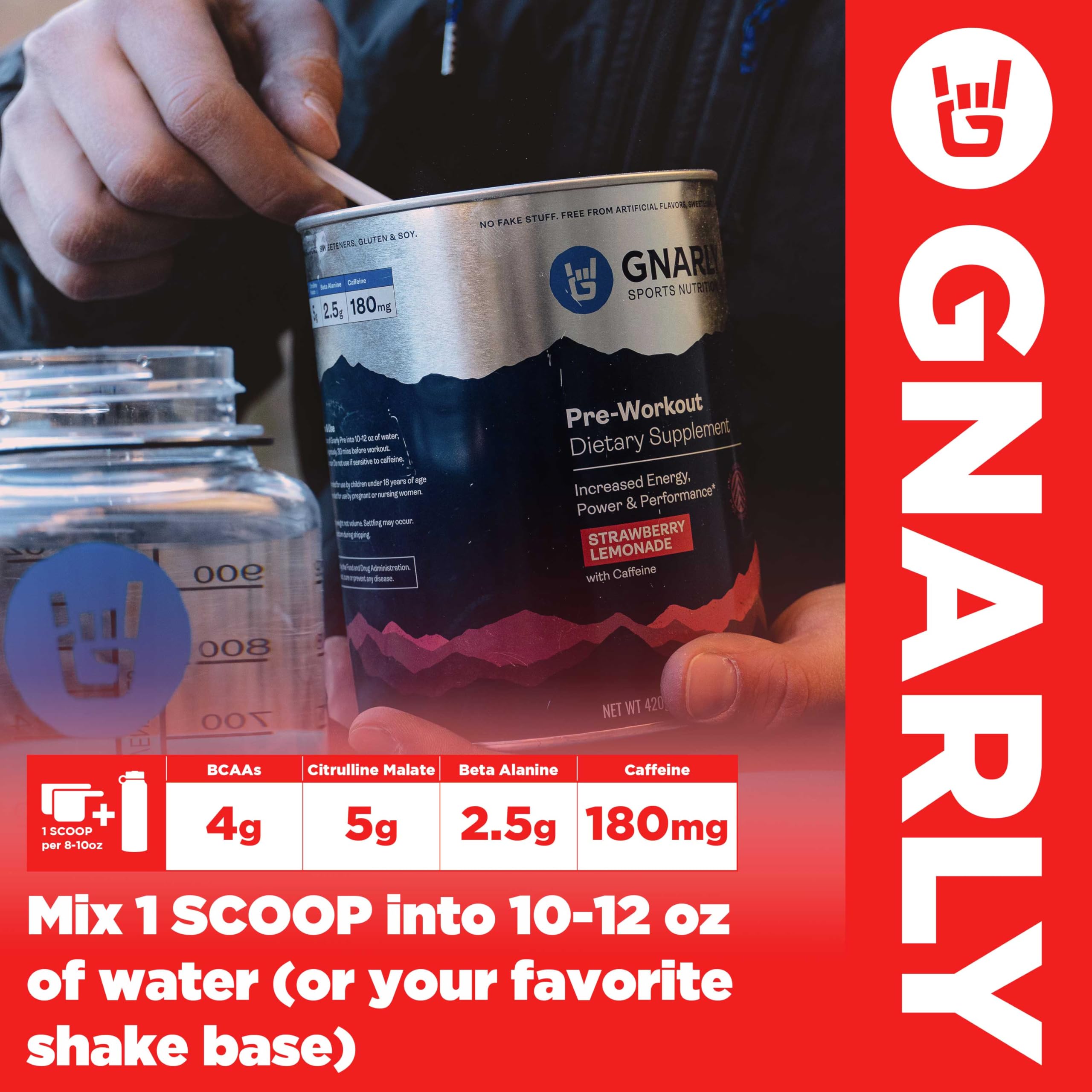 Gnarly mango pre-workout near athletic gear indicates endurance focus.