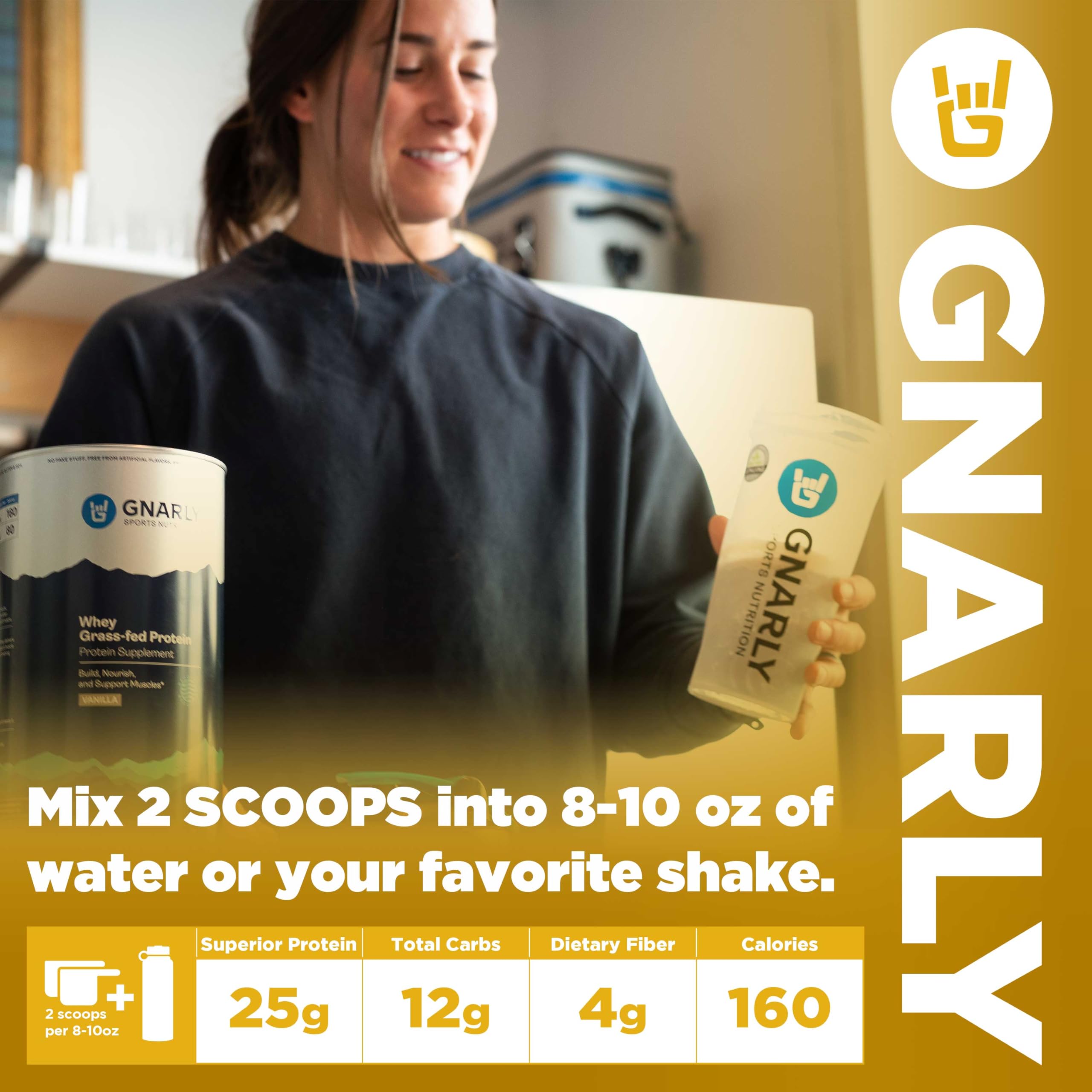 Nutrition facts for Gnarly chocolate protein powder showing 25 g protein per serving.