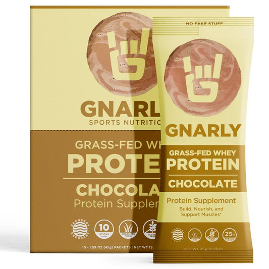 Gnarly Nutrition Chocolate Protein Powder tub label highlights NSF Sport certification for trusted post‑workout recovery.