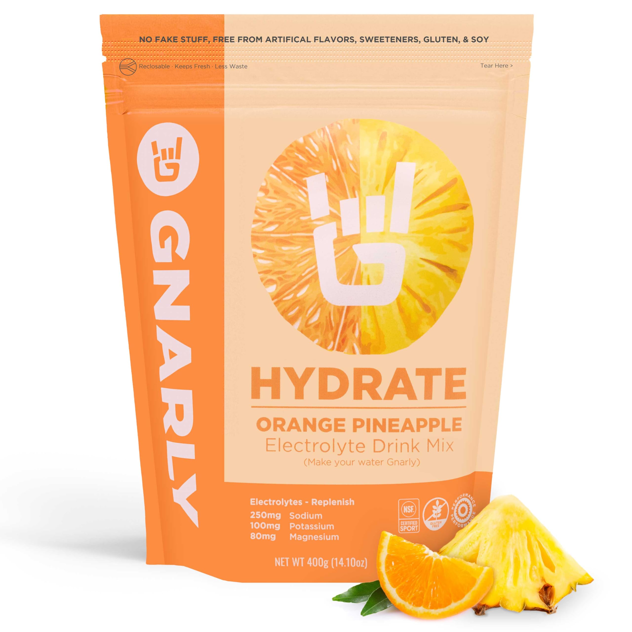 Gnarly Nutrition Hydrate bottle pour in orange pineapple flavor supports steady hydration during workouts