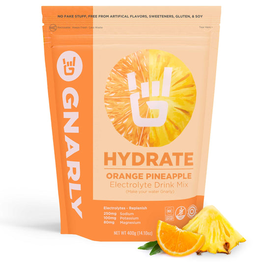 Gnarly Nutrition Hydrate bottle pour in orange pineapple flavor supports steady hydration during workouts