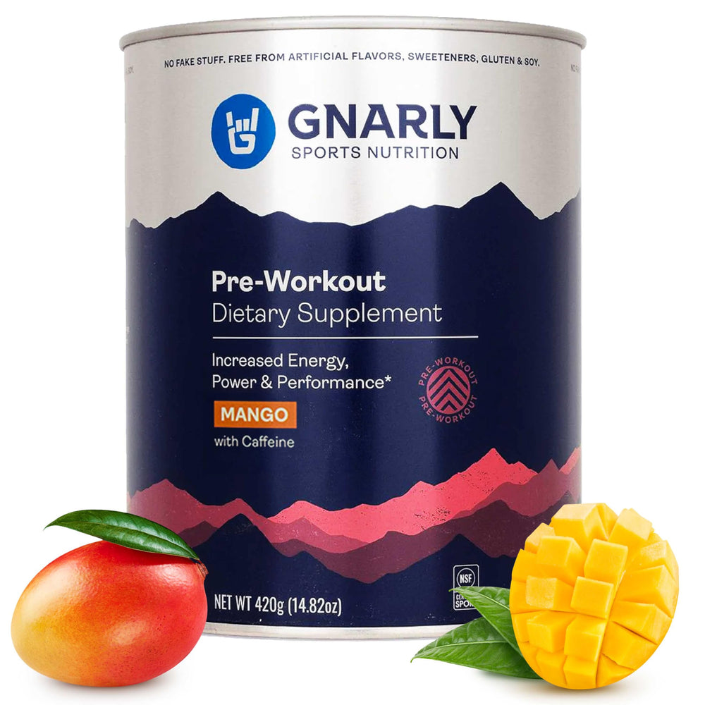 Gnarly Nutrition mango pre-workout bottle ready for energy-boosting training.