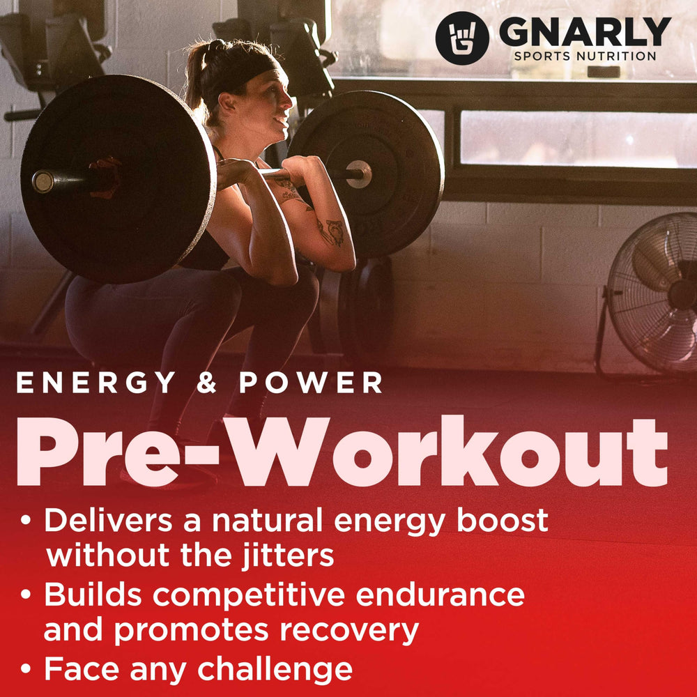 Gnarly mango pre-workout caffeine label highlights energy support.