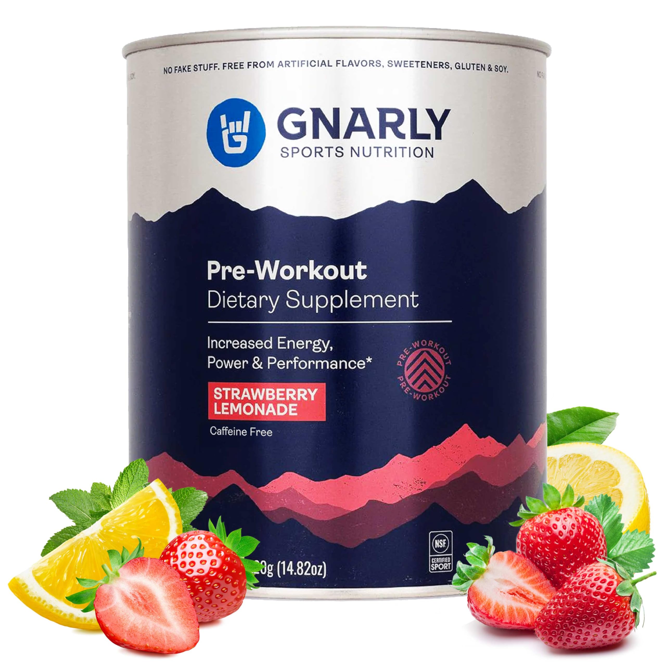 Gnarly Nutrition natural pre-workout packaging showing caffeine-free energy for steady endurance.