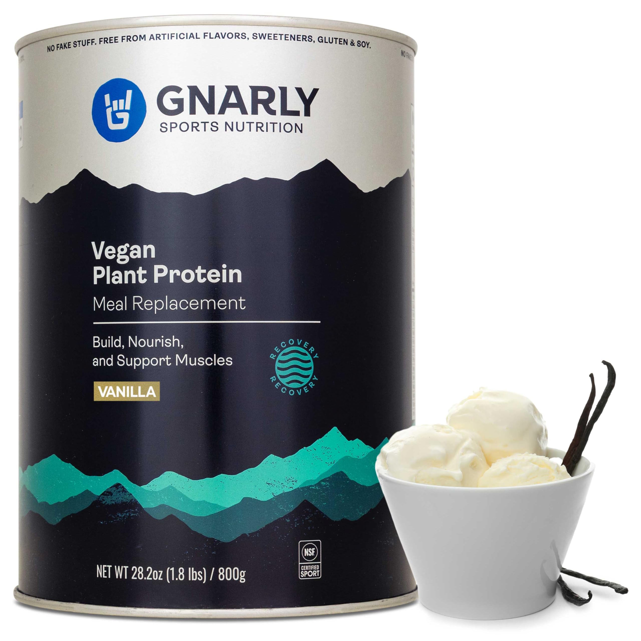 Gnarly Vegan Plant Protein vanilla with scoop, ideal for a quick plant-based protein boost.