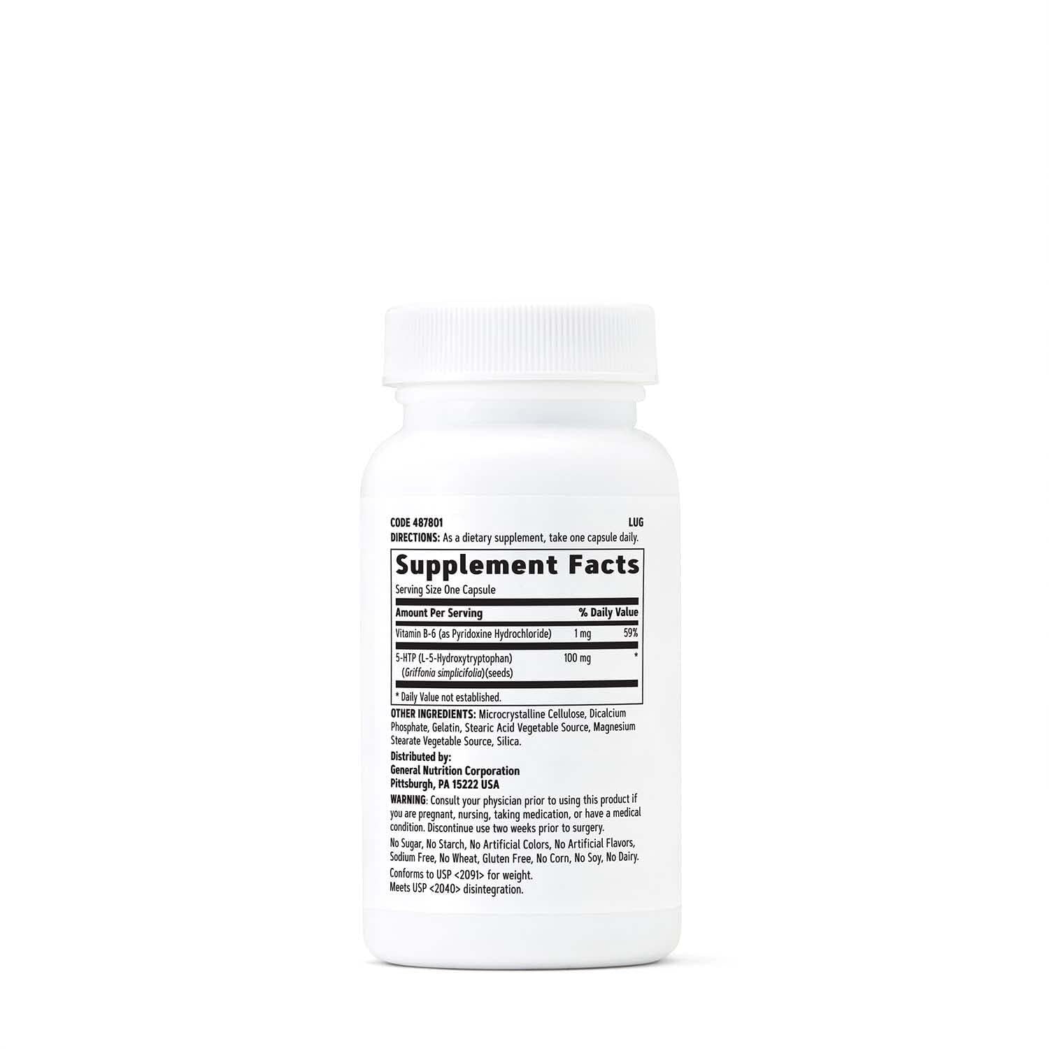 GNC 5-HTP bottle label close-up showing 100mg per serving.
