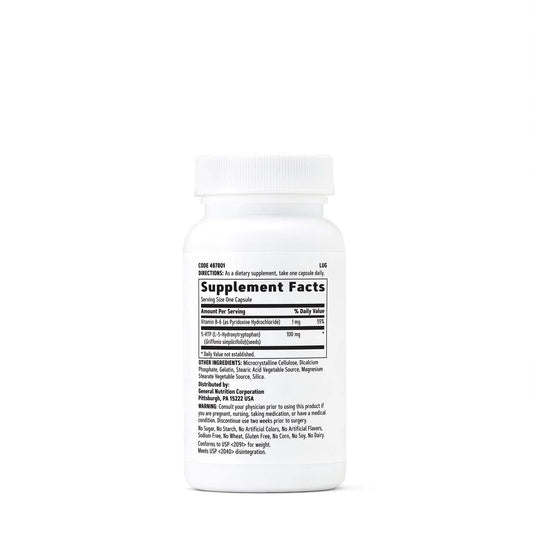 GNC 5-HTP bottle label close-up showing 100mg per serving.
