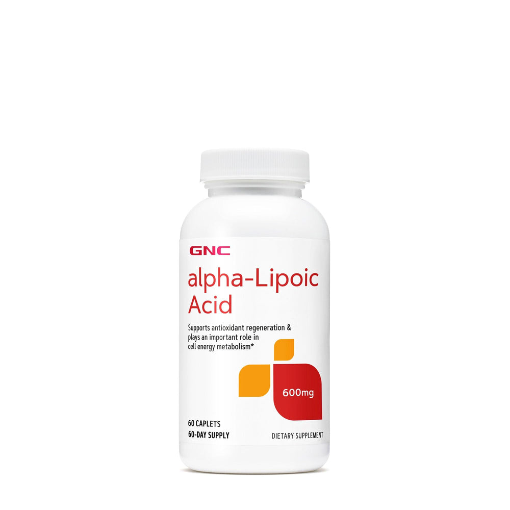GNC Alpha-Lipoic Acid 600mg bottle visible, highlighting daily energy metabolism support.