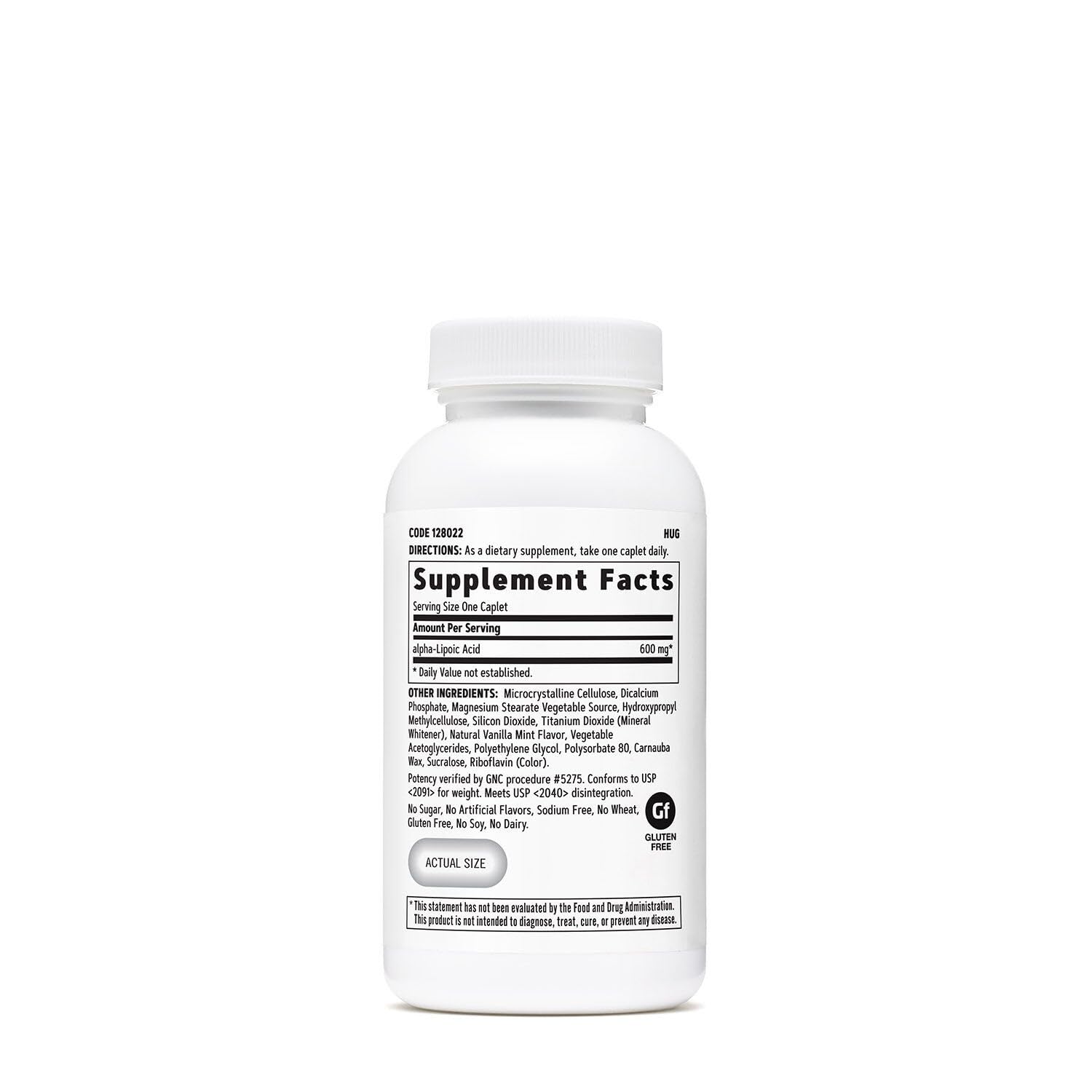 GNC Alpha-Lipoic Acid 600mg tablets front view supporting antioxidant regeneration.