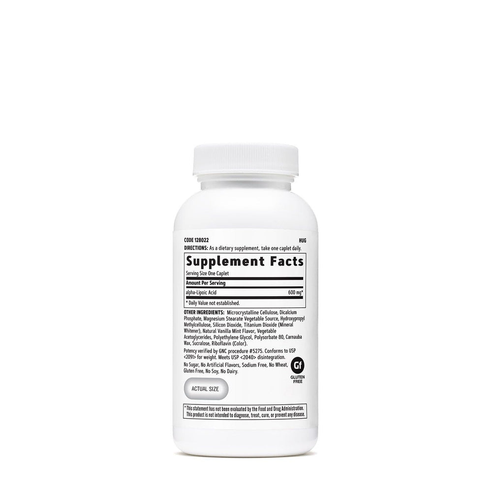 GNC Alpha-Lipoic Acid 600mg tablets front view supporting antioxidant regeneration.