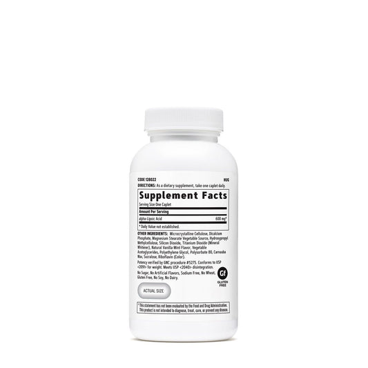 GNC Alpha-Lipoic Acid 600mg tablets front view supporting antioxidant regeneration.